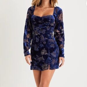 Lulu's Midnight Blue Floral Long Sleeve Dress